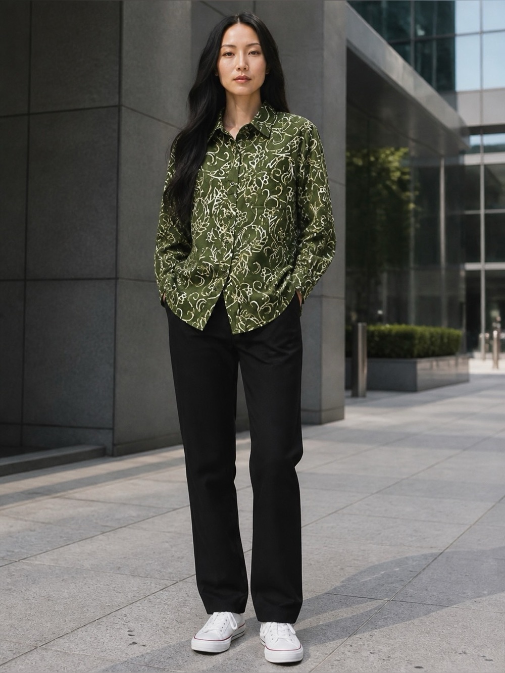 Woman Within Green Scroll Print Button Front Blouse Size 14/16 (M)